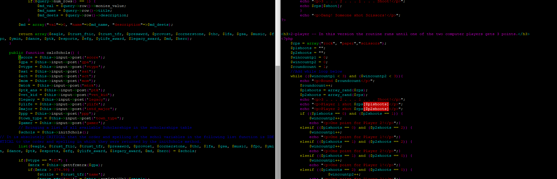 two panels of PHP code